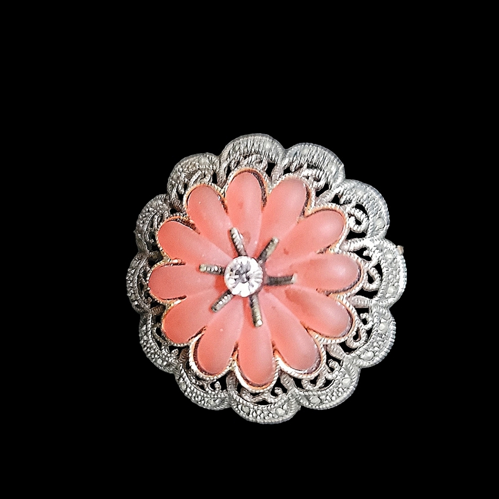 Vintage Silvertone Marcasite with Frosted Coral Flower & Rhinestone 1 3/8"